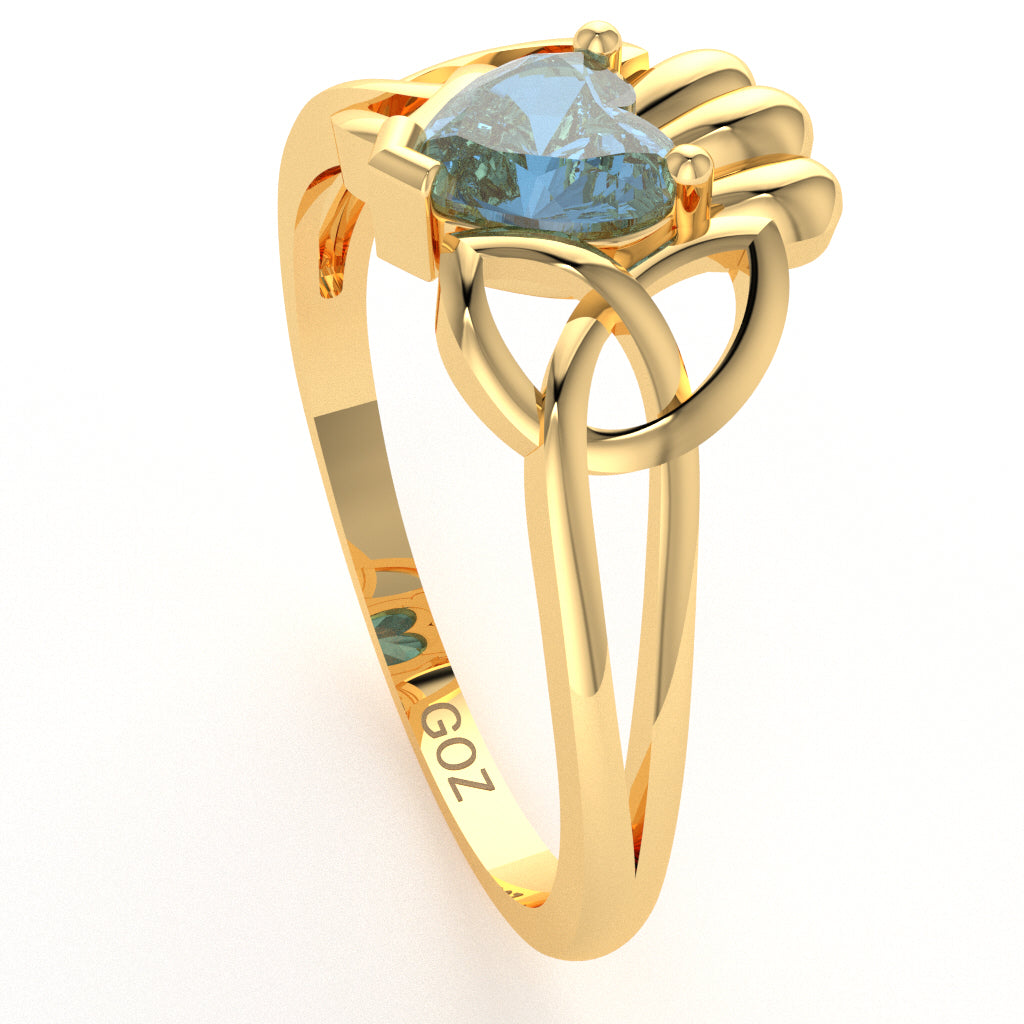 Celtic Trinity Knot Claddagh Blue Topaz Engagement Ring In 14k Yellow Gold