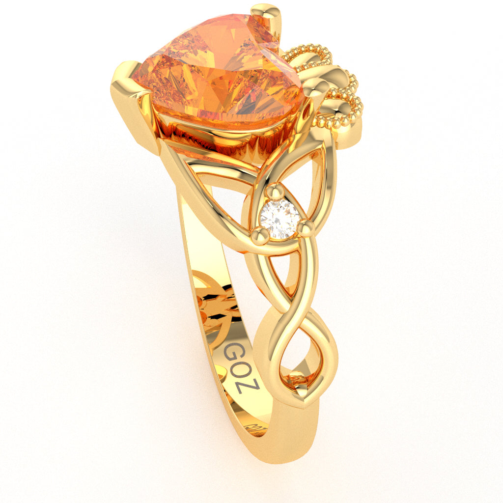 Celtic Trinity Knot Claddagh Heart Citrine Diamond Ring In 14k Yellow Gold