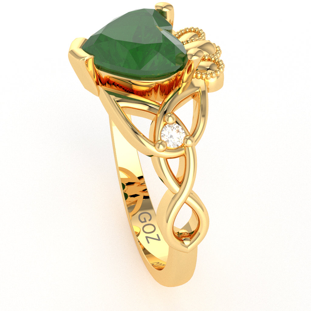 Celtic Trinity Knot Claddagh Heart Emerald Diamond Ring In 10k Yellow Gold