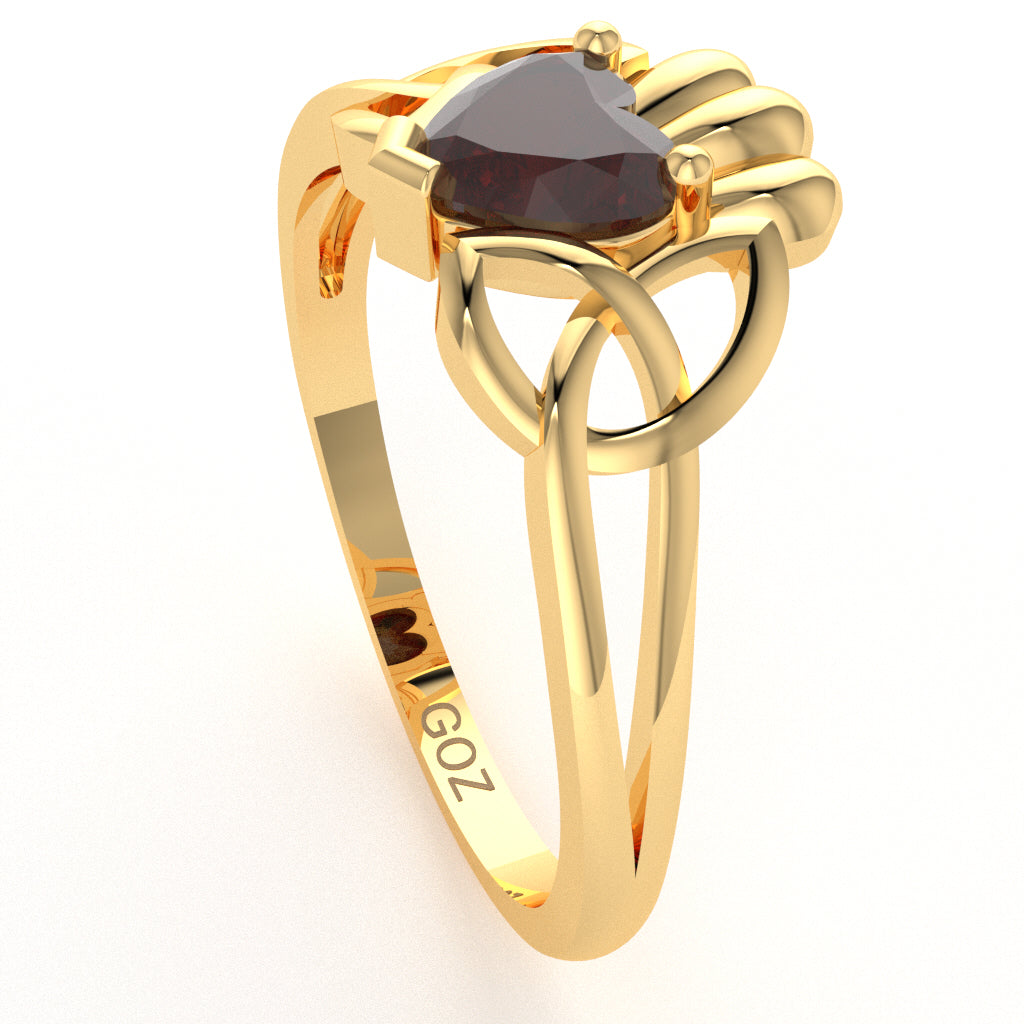 Celtic Trinity Knot Claddagh Garnet Engagement Ring In 14k Yellow Gold