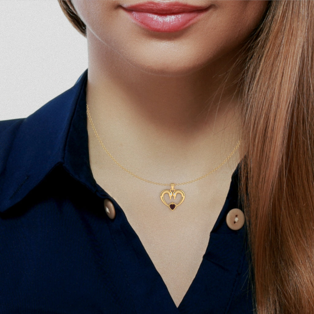 Garnet Diamond  2 Dolphins Heart Love Pendant In 10k Yellow Gold