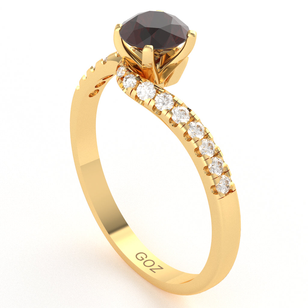 Garnet Diamond Curly Dainty Engagement Ring In 10k Yellow Gold