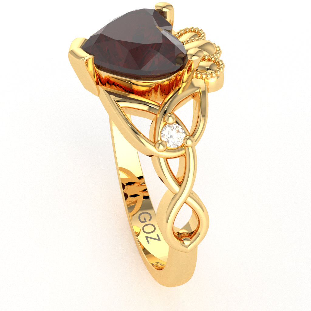 Celtic Trinity Knot Claddagh Heart Garnet Diamond Ring In 10k Yellow Gold