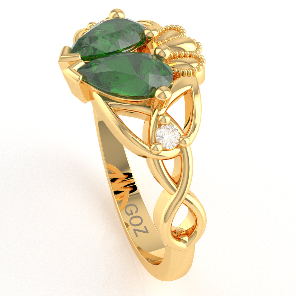 Lab-Created Emerald Diamond Celtic Knot Heart Claddagh Ring In 14k Yellow Gold