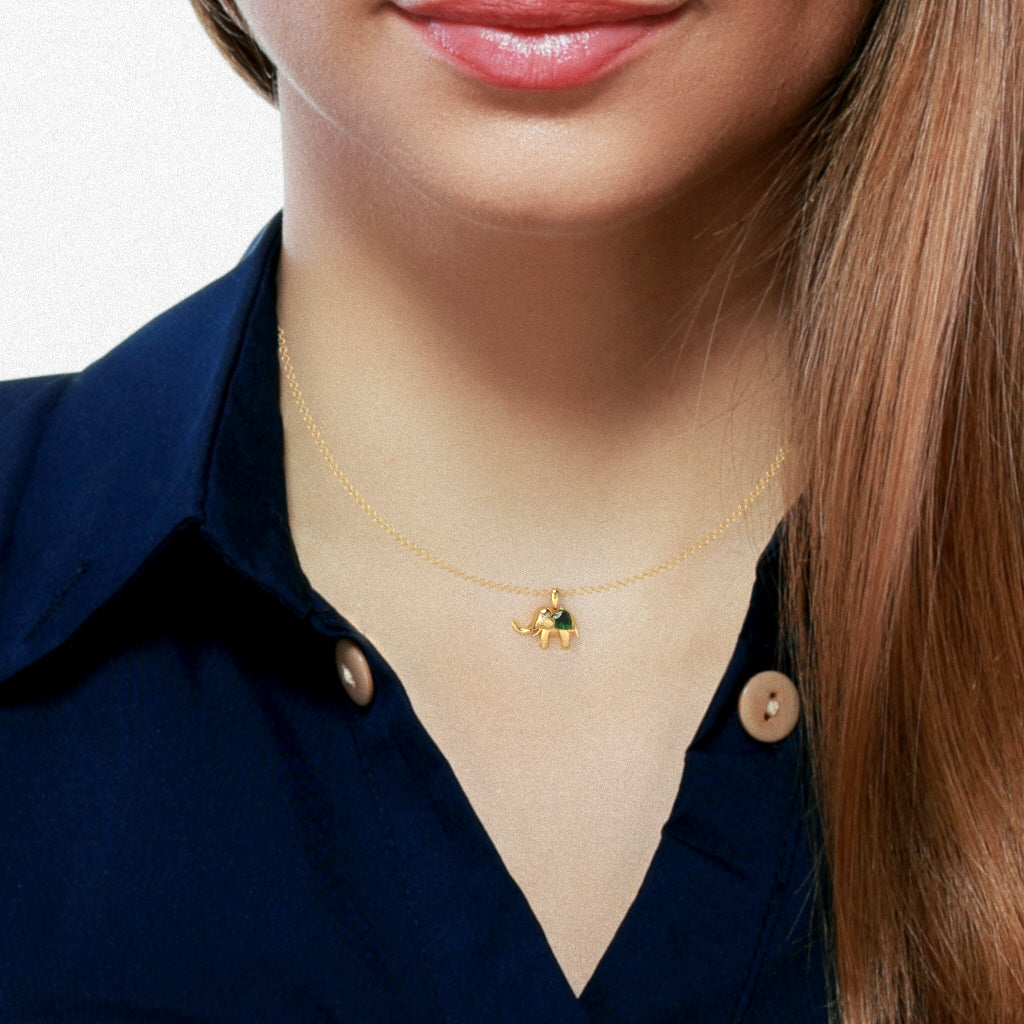 Lab-Created Emerald Diamond Elephant Heart Birthstone Pendant In 10k Yellow Gold