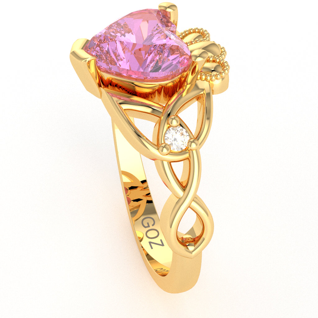 Celtic Trinity Knot Claddagh Heart Lab-Created Pink Sapphire Diamond Ring In 10k Yellow Gold