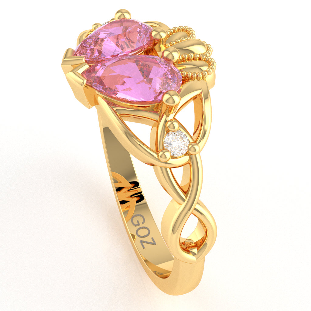Lab-Created Pink Sapphire Diamond Celtic Knot Heart Claddagh Ring In 10k Yellow Gold
