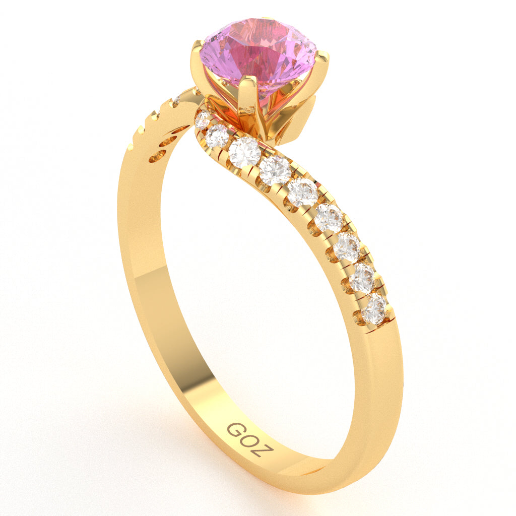 Lab-Created Pink Sapphire Diamond Curly Dainty Engagement Ring In 10k Yellow Gold