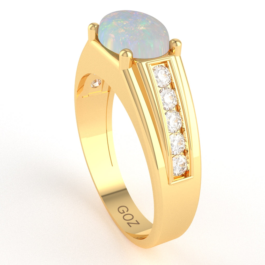 Opal Diamond Designer Channel Ring In 14k Yellow Gold