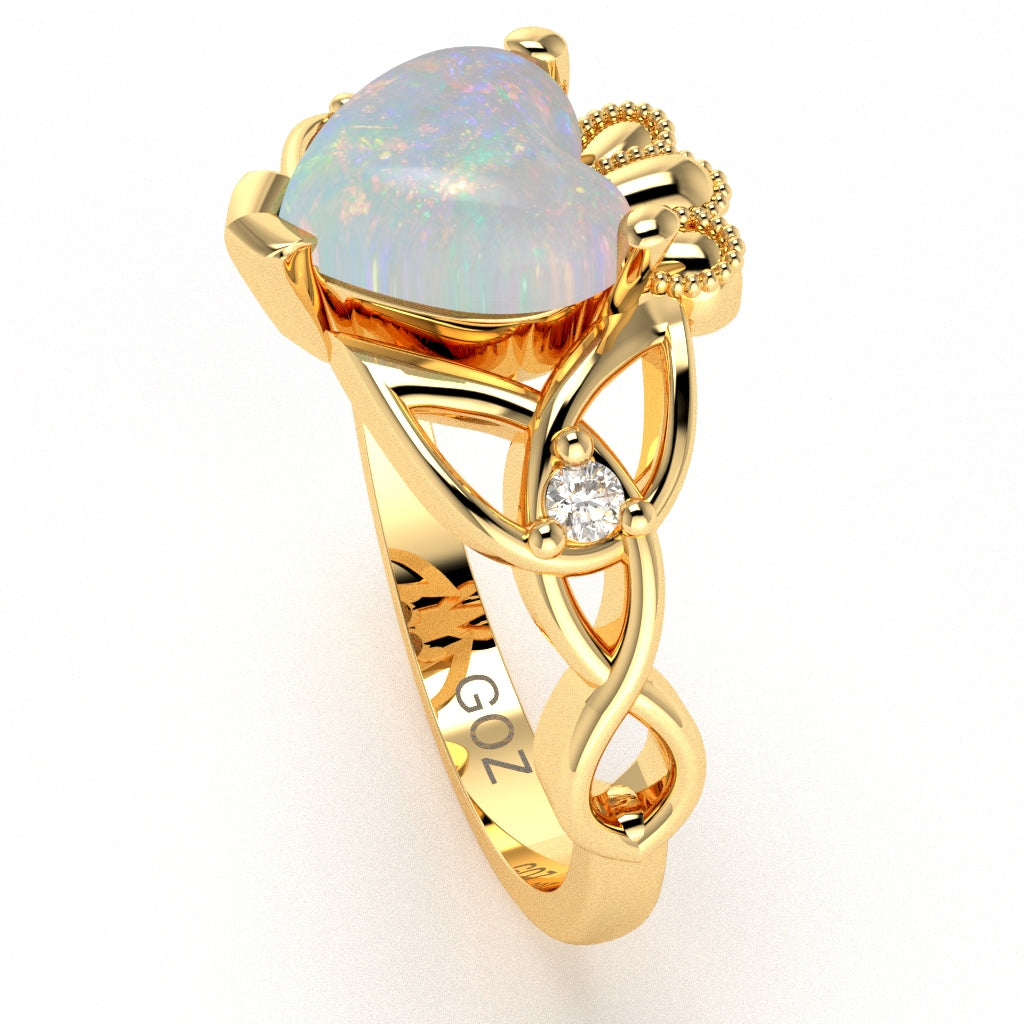 Celtic Trinity Knot Claddagh Heart Opal Diamond Ring In 14k Yellow Gold
