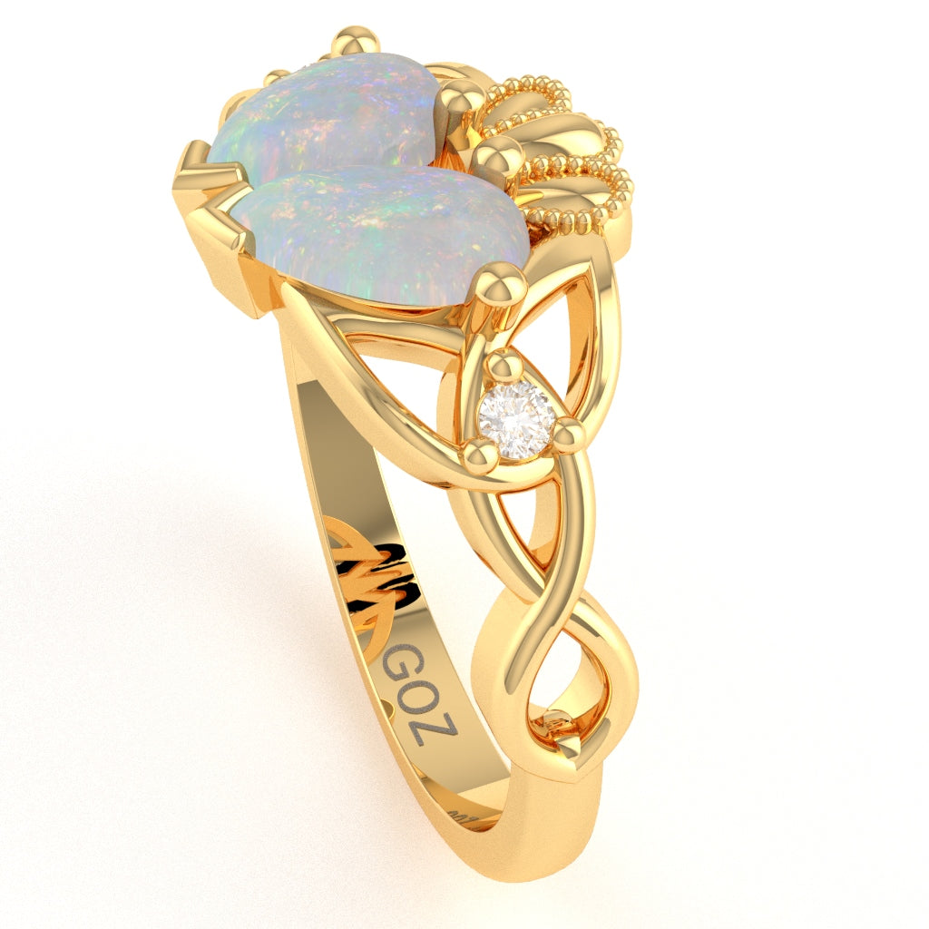 Opal Diamond Celtic Knot Heart Claddagh Ring In 14k Yellow Gold