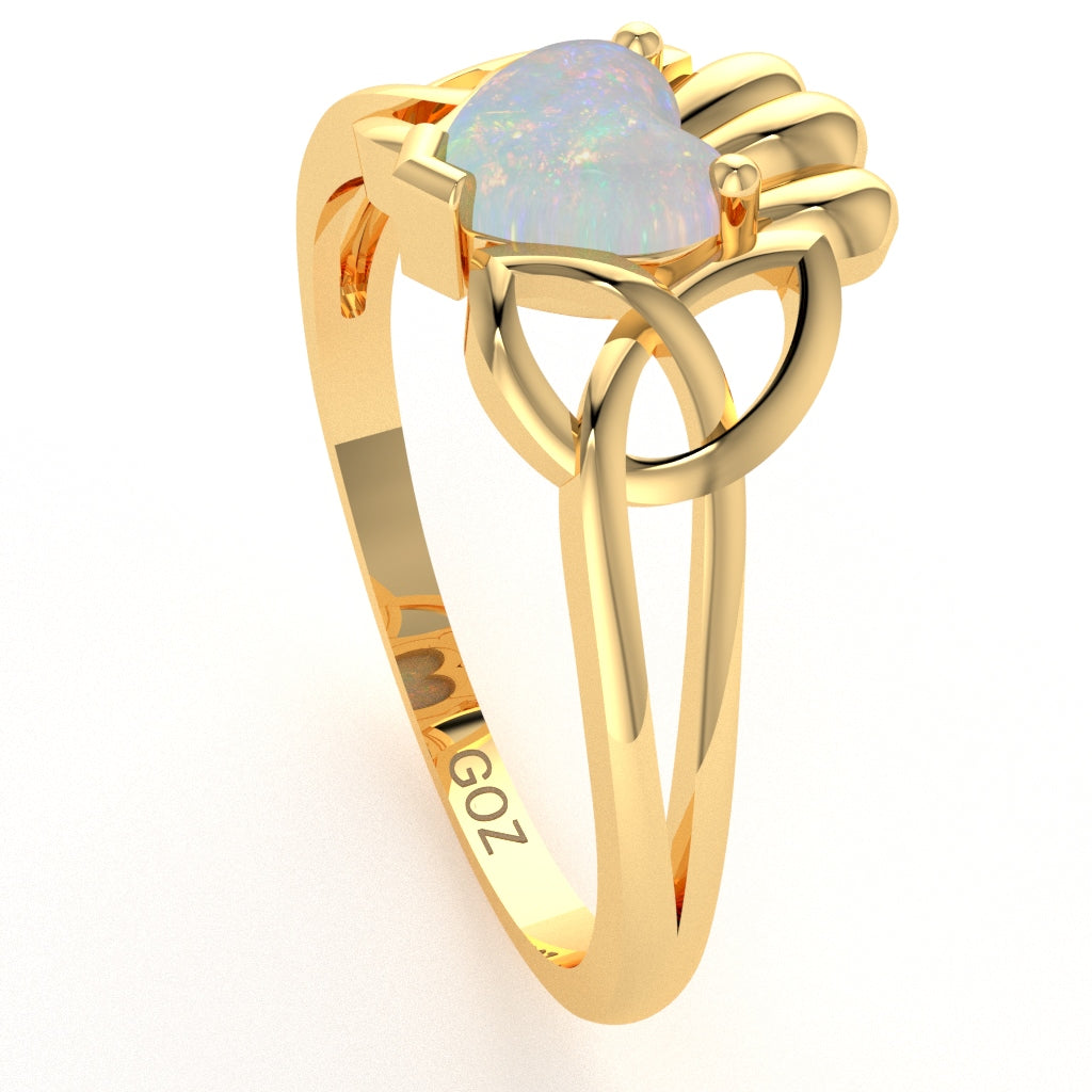 Celtic Trinity Knot Claddagh Opal Engagement Ring In 14k Yellow Gold