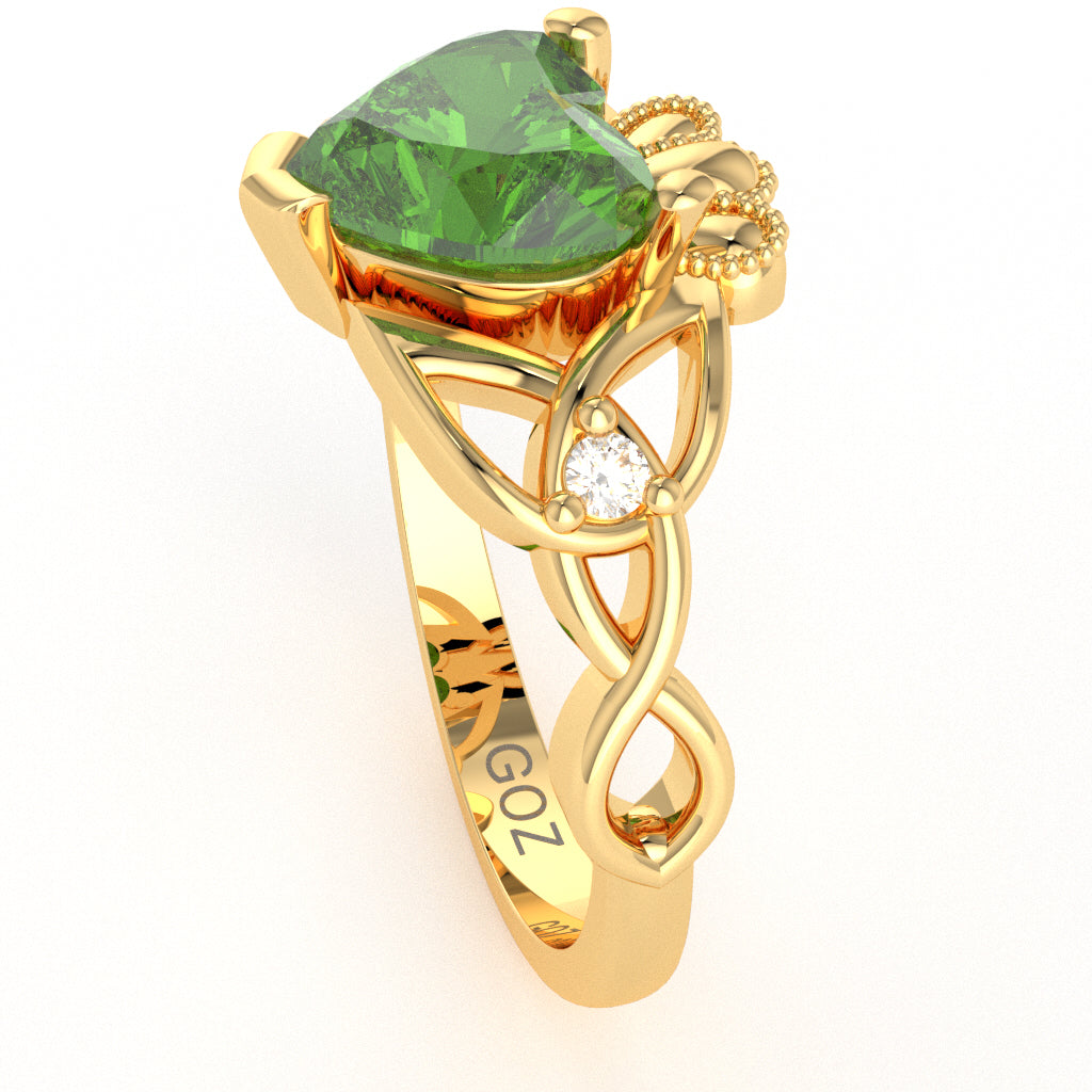Celtic Trinity Knot Claddagh Heart Peridot Diamond Ring In 14k Yellow Gold