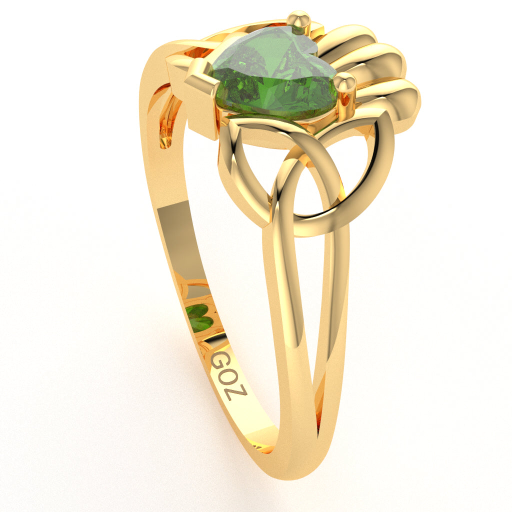 Celtic Trinity Knot Claddagh Peridot Engagement Ring In 14k Yellow Gold