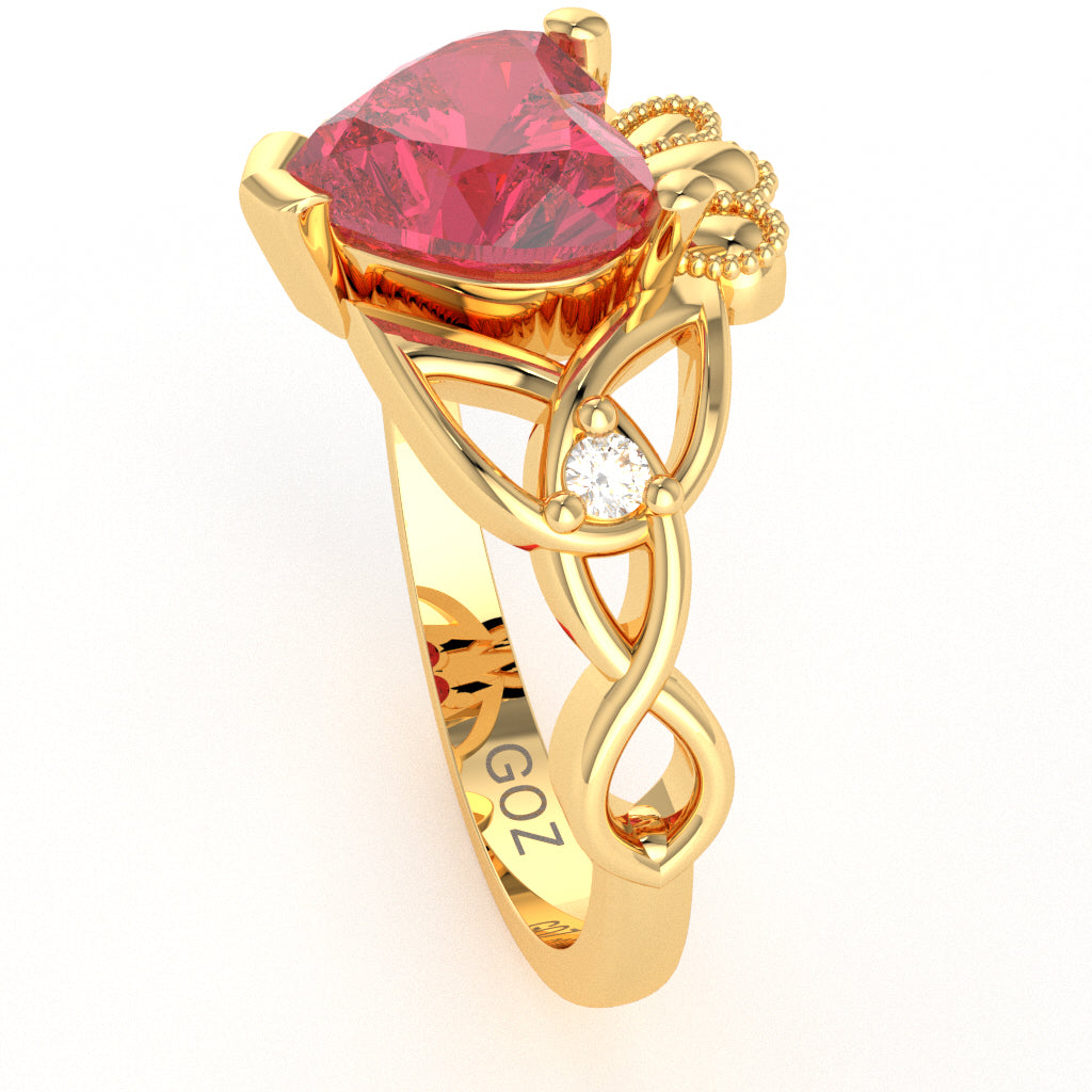 Celtic Trinity Knot Claddagh Heart Pink Tourmaline Diamond Ring In 10k Yellow Gold