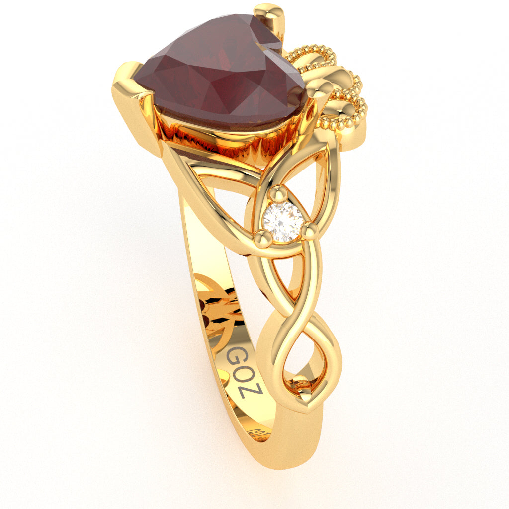 Celtic Trinity Knot Claddagh Heart Ruby Diamond Ring In 10k Yellow Gold