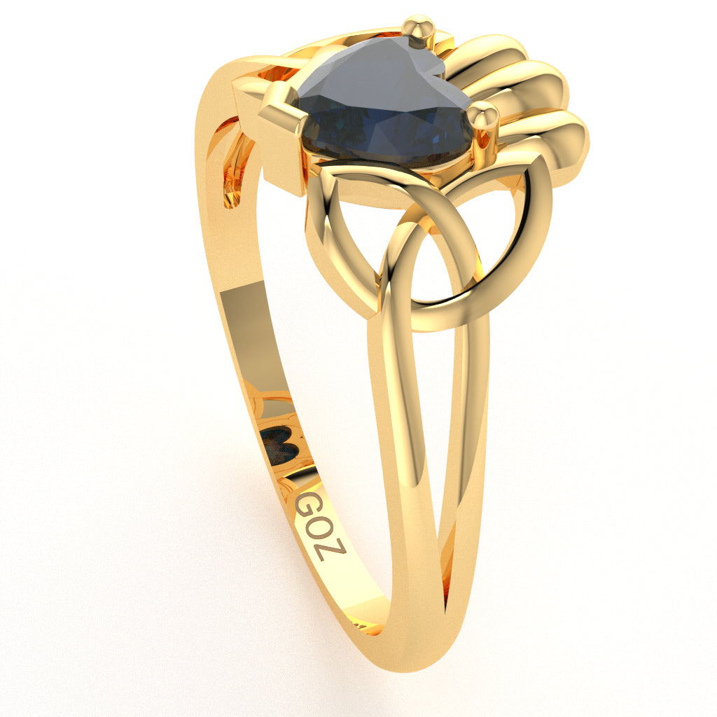 Celtic Trinity Knot Claddagh Sapphire Engagement Ring In 14k Yellow Gold