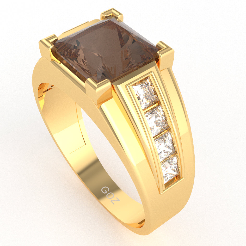 Men's Big Daddy Smoky Quartz Lab-Grown Diamond Channel Ring In Solid 14k Yellow Gold