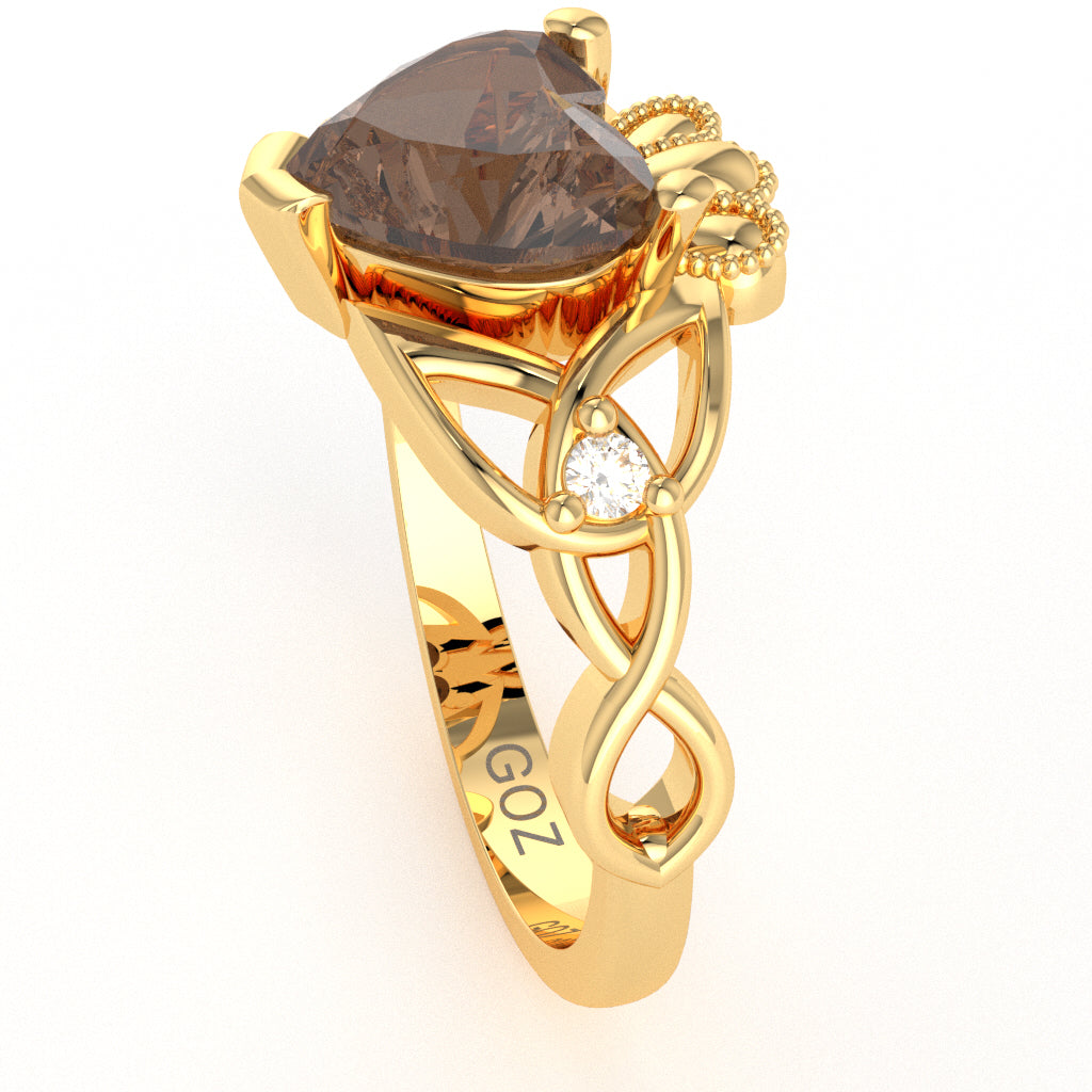 Celtic Trinity Knot Claddagh Heart Smoky Quartz Diamond Ring In 14k Yellow Gold