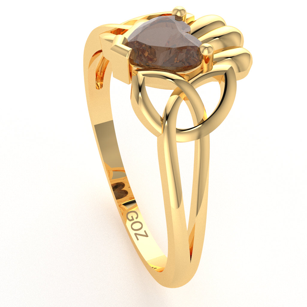 Celtic Trinity Knot Claddagh Smoky Quartz Engagement Ring In 14k Yellow Gold