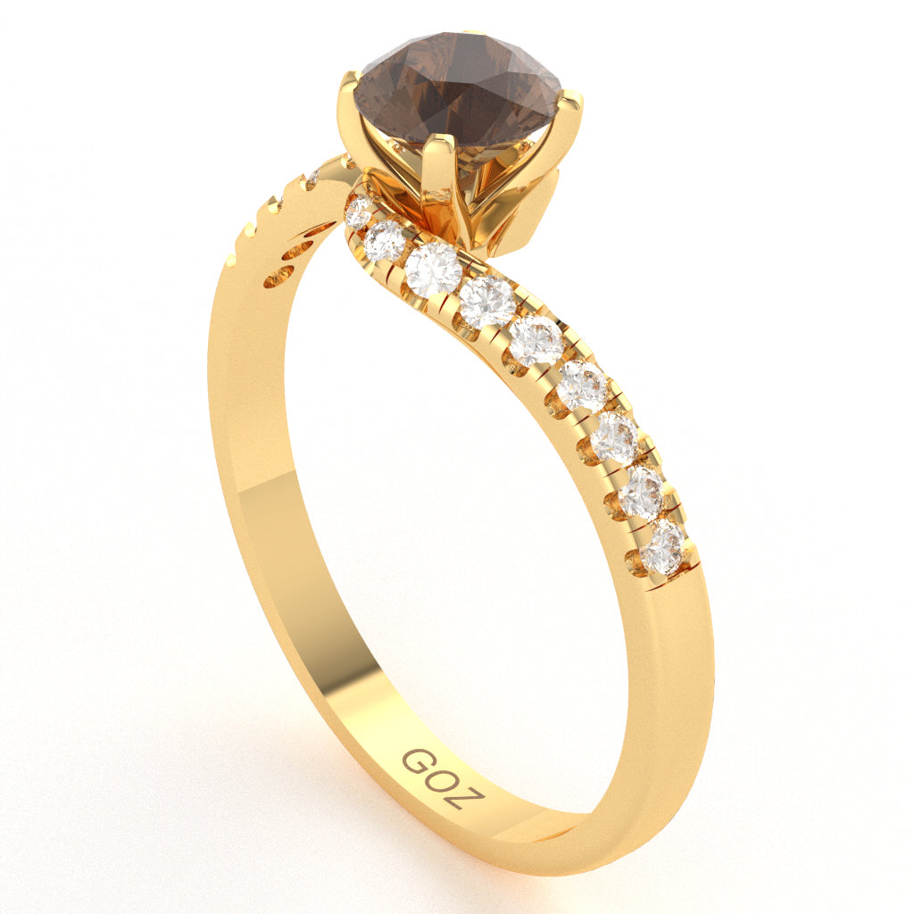 Smoky Quartz Diamond Curly Dainty Engagement Ring In 10k Yellow Gold