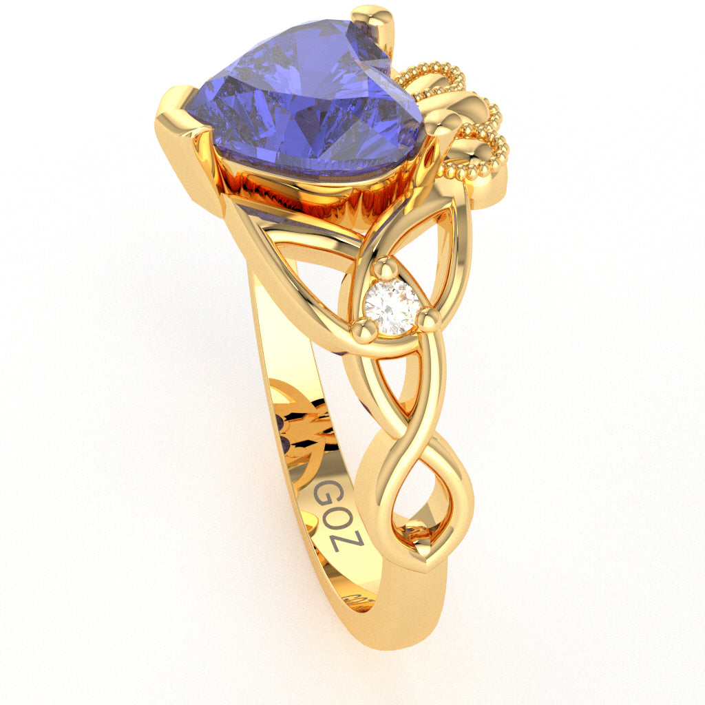 Celtic Trinity Knot Claddagh Heart Tanzanite Diamond Ring In 14k Yellow Gold
