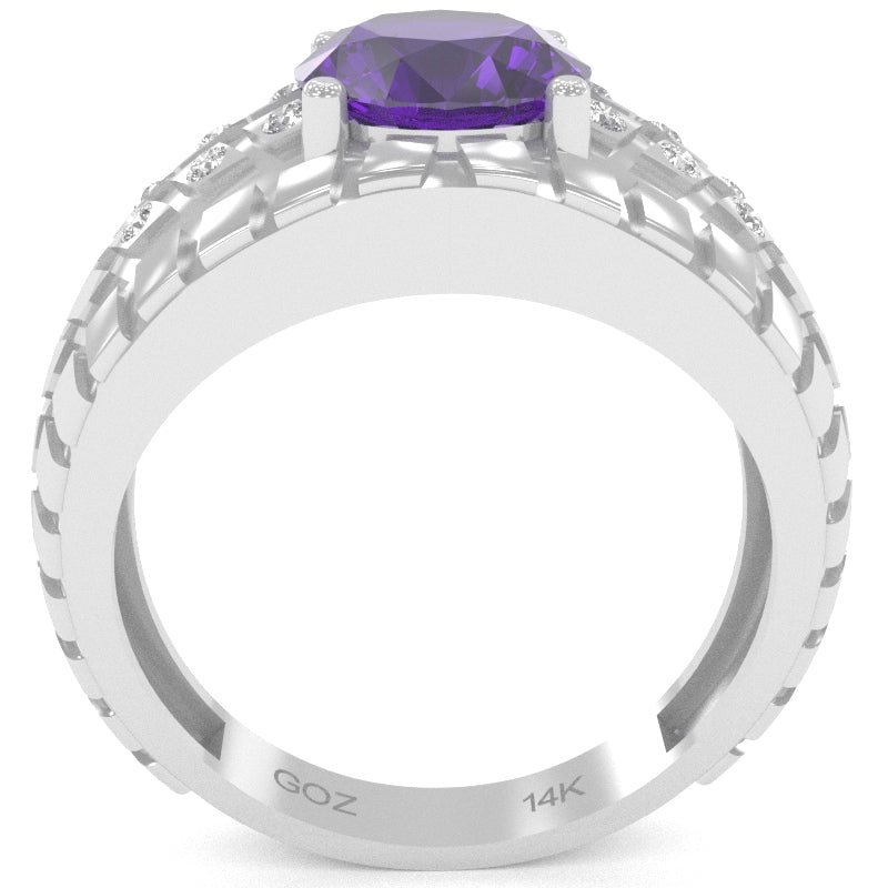 Men's Tire Tread Amethyst Diamond Ring In Solid 14k White Gold