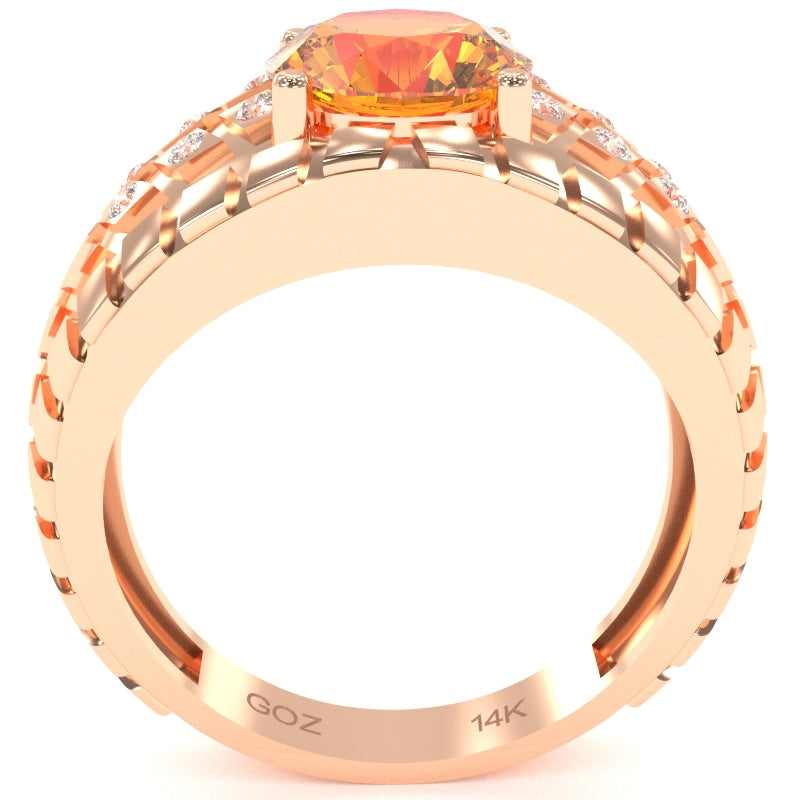 Men's Tire Tread Citrine Diamond Ring In Solid 14k Rose Gold