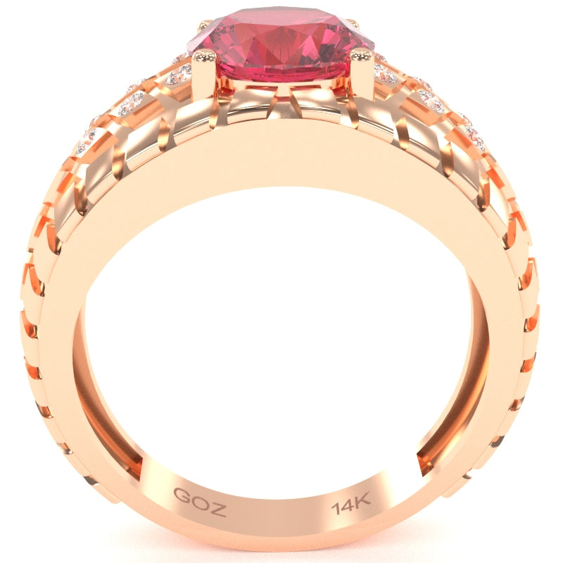 Men's Tire Tread Pink Tourmaline Diamond Ring In Solid 14k Rose Gold