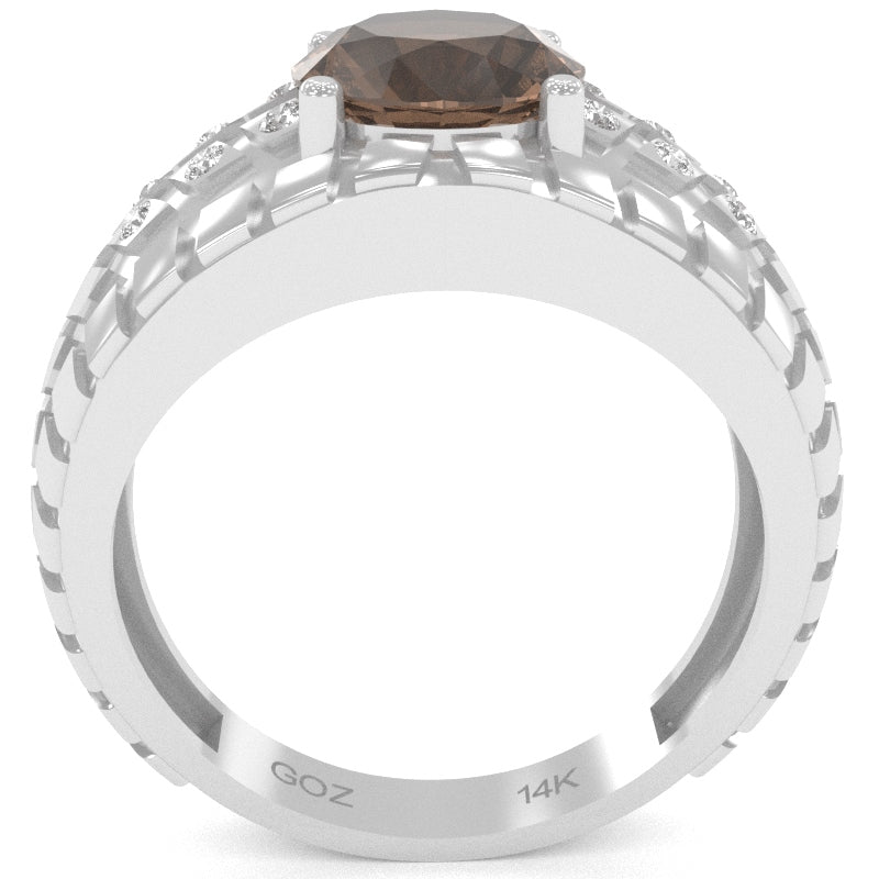 Men's Tire Tread Smoky Quartz Diamond Ring In Solid 14k White Gold