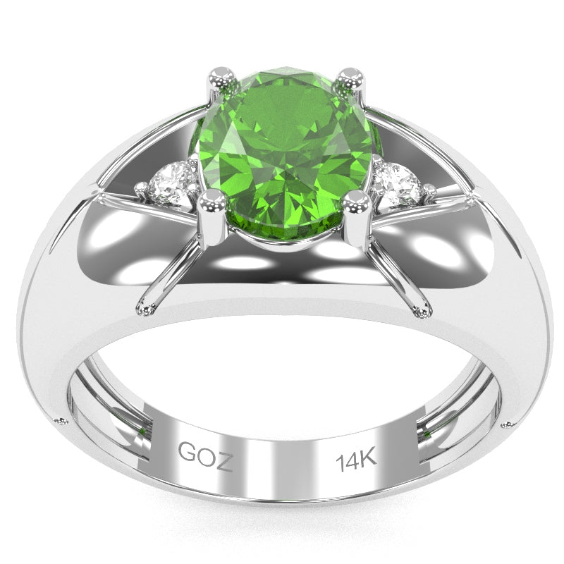 Men's Designer Peridot Diamond Ring In Solid 14k White Gold