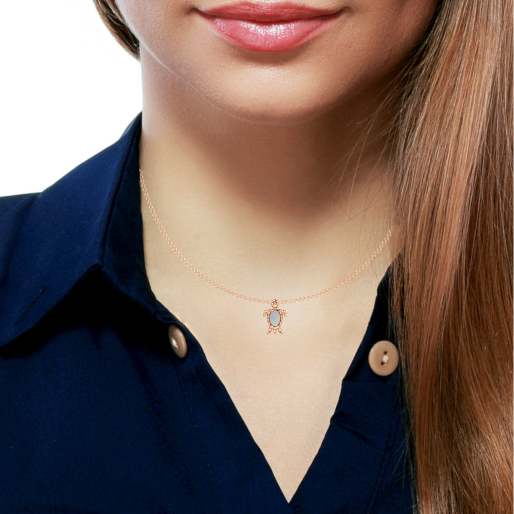 Opal Diamond  Sea Turtle Pendant In 14k Rose Gold