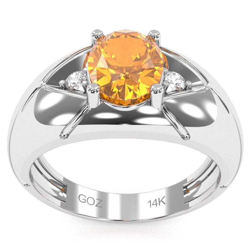 Men's Designer Citrine Diamond Ring In Solid 14k White Gold