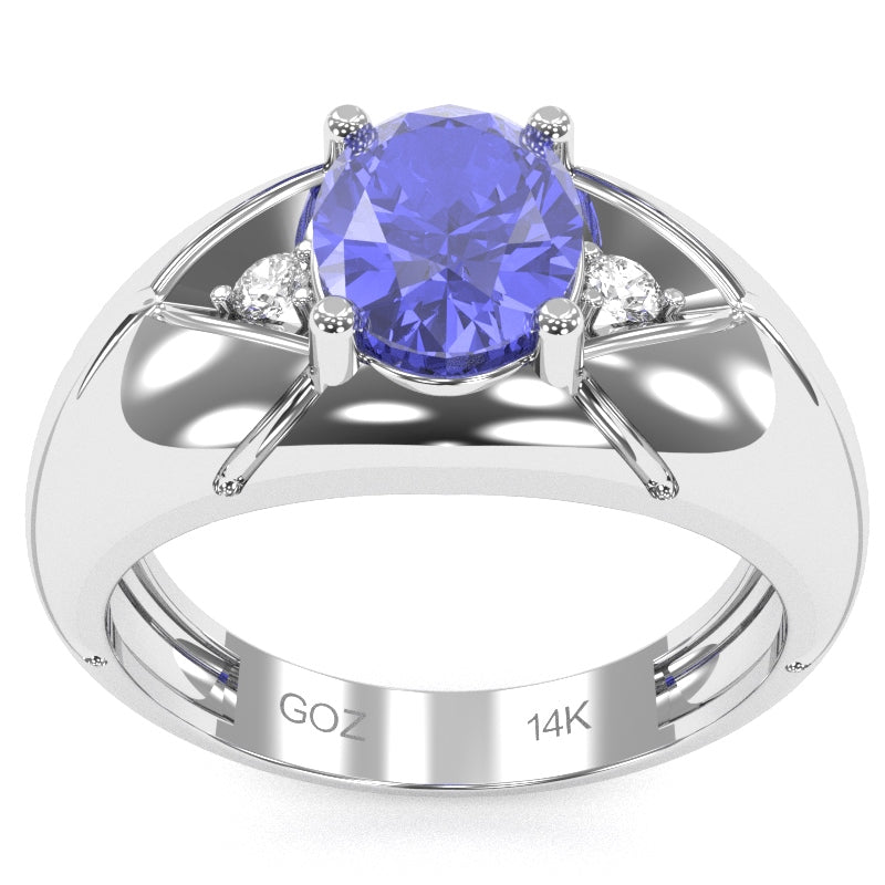 Men's Designer Tanzanite Diamond Ring In Solid 14k White Gold
