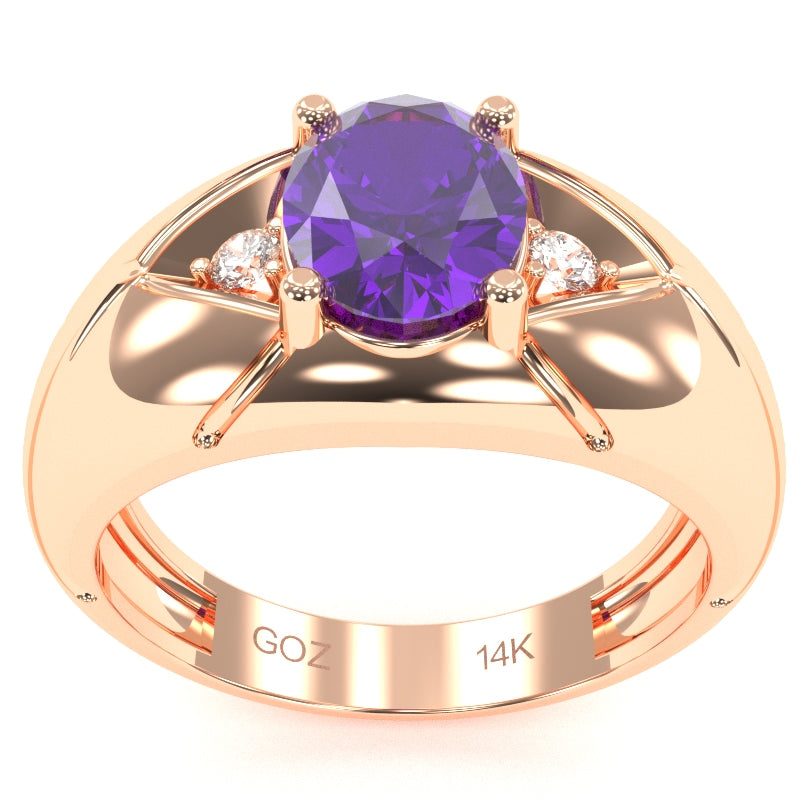 Men's Designer Amethyst Diamond Ring In Solid 14k Rose Gold