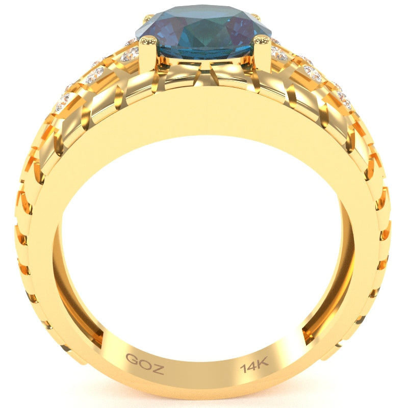 Men's Tire Tread Lab-Created Alexandrite Diamond Ring In Solid 14k Yellow Gold