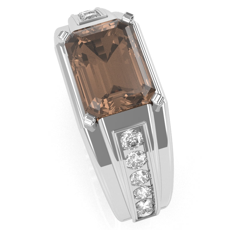 Men's Smoky Quartz Diamond Channel Ring In Solid 10k White Gold
