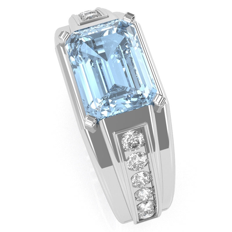 Men's Aquamarine Diamond Channel Ring In Solid 10k White Gold