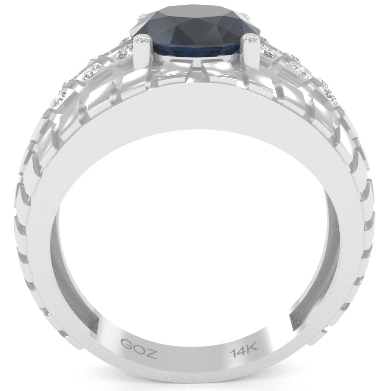 Men's Tire Tread Lab-Created Sapphire Diamond Ring In Solid 14k White Gold