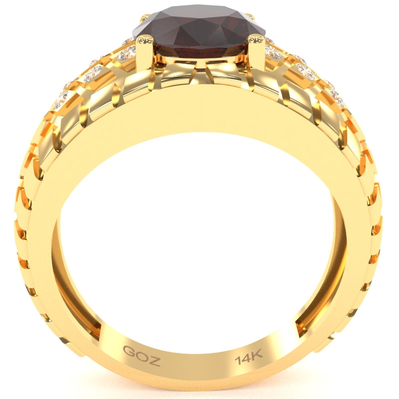 Men's Tire Tread Garnet Diamond Ring In Solid 14k Yellow Gold