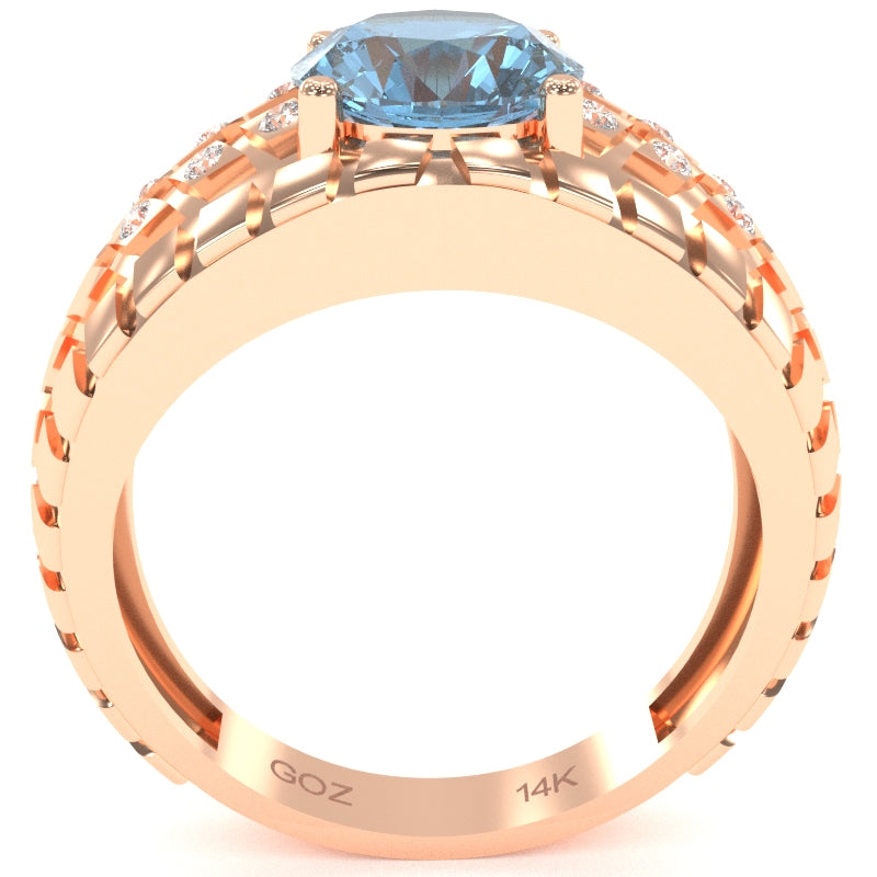 Men's Tire Tread Blue Topaz Diamond Ring In Solid 14k Rose Gold