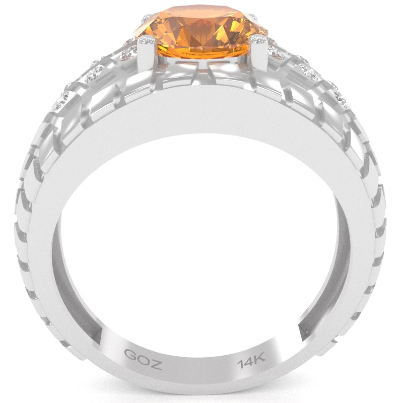 Men's Tire Tread Citrine Diamond Ring In Solid 14k White Gold