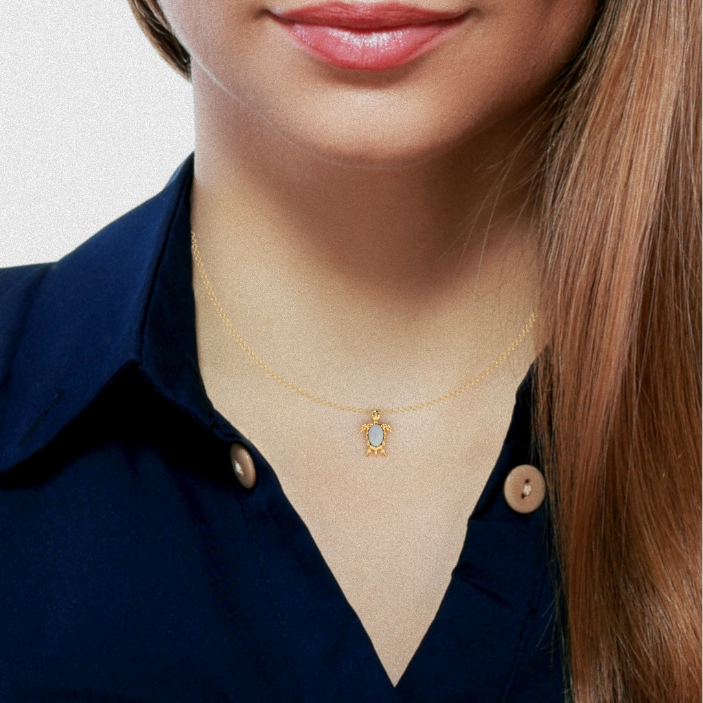 Opal Diamond  Sea Turtle Pendant In 14k Yellow Gold