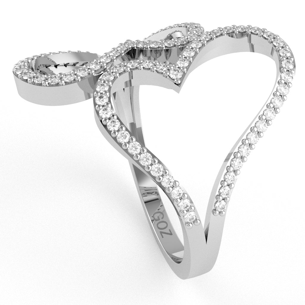 2 Hearts Designer Diamond Cocktail Ring In 14k White Gold