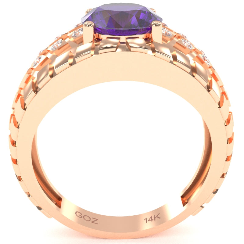 Men's Tire Tread Amethyst Diamond Ring In Solid 14k Rose Gold