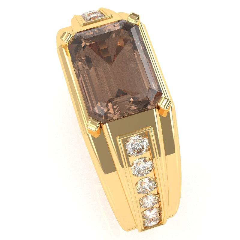 Men's Smoky Quartz Diamond Channel Ring In Solid 10k Yellow Gold