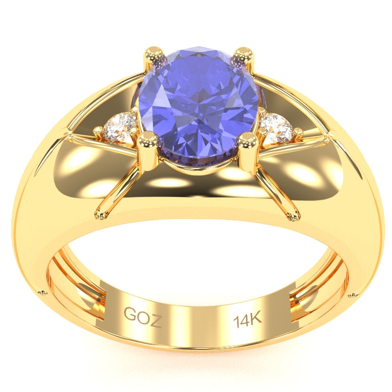 Men's Designer Tanzanite Diamond Ring In Solid 14k Yellow Gold