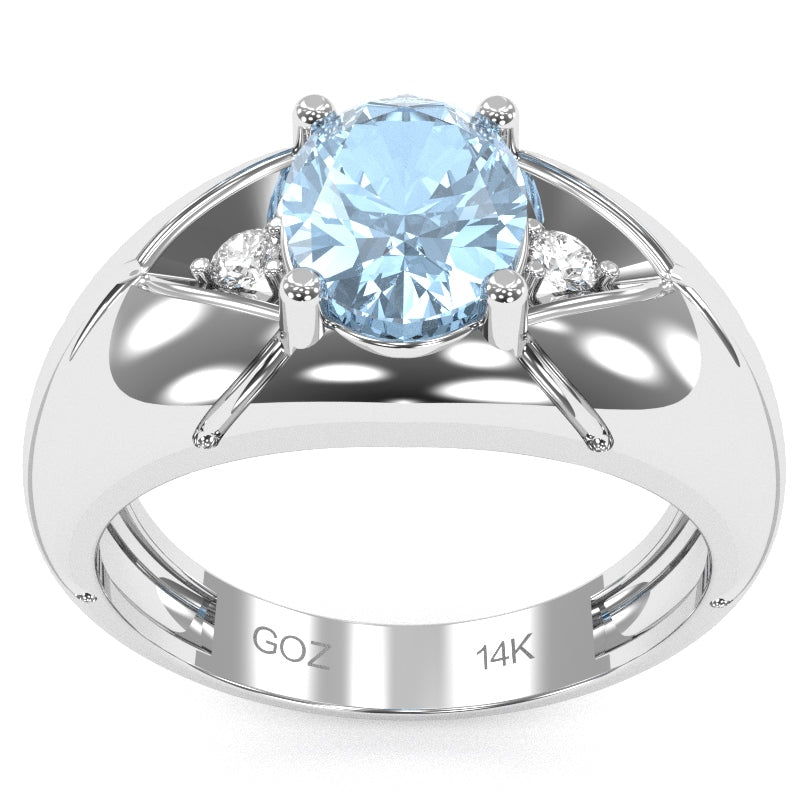Men's Designer Aquamarine Diamond Ring In Solid 14k White Gold