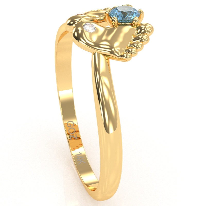 Baby Feet Blue Topaz Diamond Ring In 14k Yellow Gold