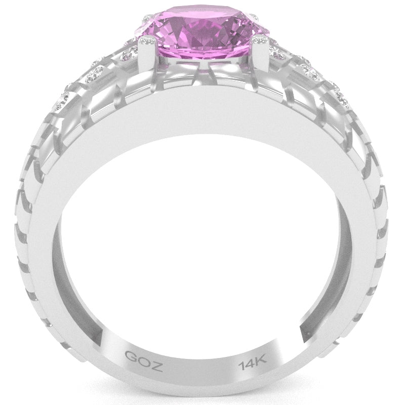 Men's Tire Tread Lab-Created Pink Sapphire Diamond Ring In Solid 14k White Gold